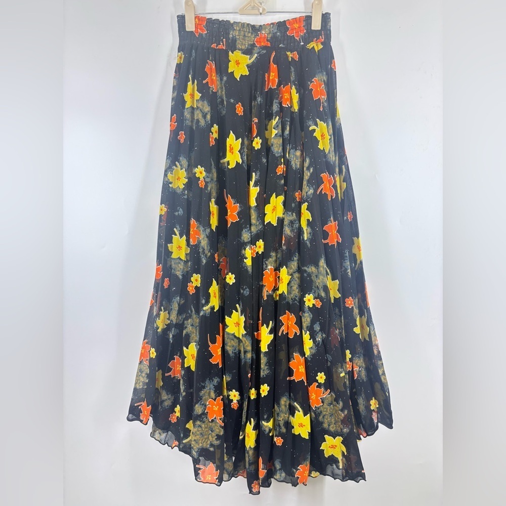 Vintage Whimsigoth Pleated Chiffon Star Orange Yellow Black Sparkle‎ Skirt M